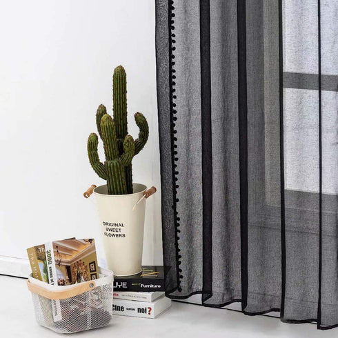 MISS SELECTEX Linen Look Pom Pom Tasseled Sheer Curtains - Rod Pocket Voile Semi-Sheer Curtains for Living and Bedroom, Set of 2 Curtain Panels (52 x 63 inch, Black)