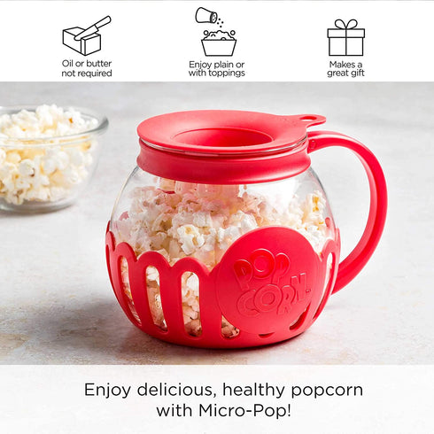 Ecolution Patented Microwave Micro-Pop Popcorn Popper, Borosilicate Glass, 3-in-1 Lid, Dishwasher Safe, BPA Free, 1.5 Quart Snack Size, Red.