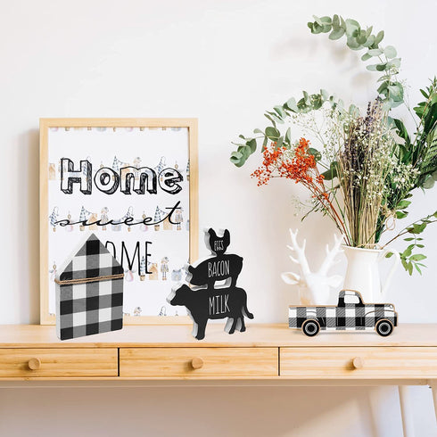 R HORSE 3Pcs Wooden Farmhouse Buffalo Plaid Tiered Tray Decoration Black& White Plaid Rustic Farmhouse Tray Sign Double Printed Farmhouse Shelf Buffalo Plaid Decor for Christmas New Year Photo Prop
