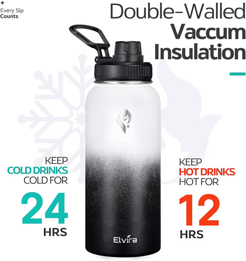 Elvira 32oz Vacuum Insulated Stainless Steel Water Bottle with Straw & Spout Lids, Double Wall Sweat-Proof BPA Free to Keep Beverages Cold for 24Hrs or Hot for 12Hrs
