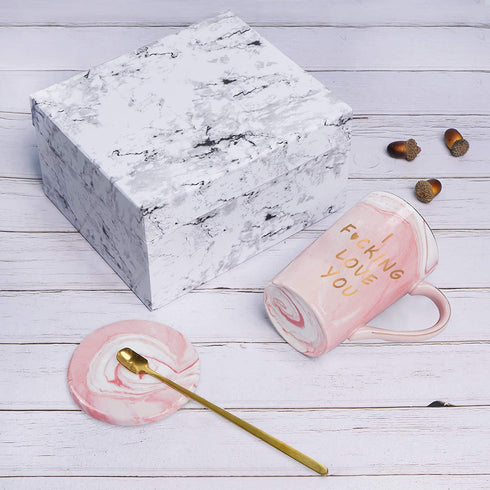 I Fucing Love You Mug - Funny Coffee Mug for Women - I Love You Gifts for Her - Best Valentine Gifts Ideas - Pink Marble Mug for Girlfriend Wife Women with Spoon Gift Box Coaster 14 Oz
