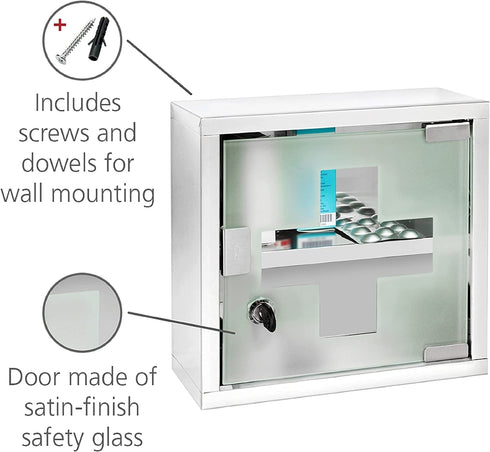 WENKO Locking Medicine Mounted Bathroom Storage, Hanging Medical, First Aid Wall Cabinet with Safety Glass Door, Modern, Small, Square, Silver Shiny