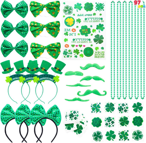 JOYIN 97PCS St. Patrick's Day Party Favor Accessories, 6 Serve Dressing-up Set, with Shamrock Hat Headband, Necklace, Bow Headband, Sequin Bow, Beards,Shamrock Tattoo,Sticker for Party Decoration