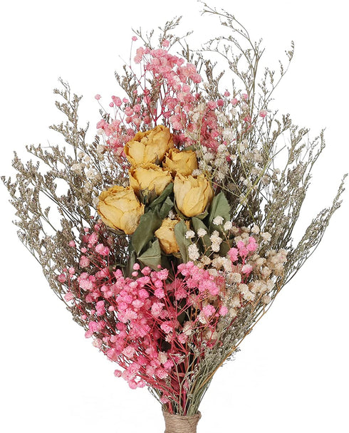 XYXCMOR Natural Dried Flowers Bouquet Dried Eucalyptus Leaves Real Yellow Rose Babys Breath Dried Flowers for Home Table Vase Wedding Floral Arrangements Garden Boho Decor