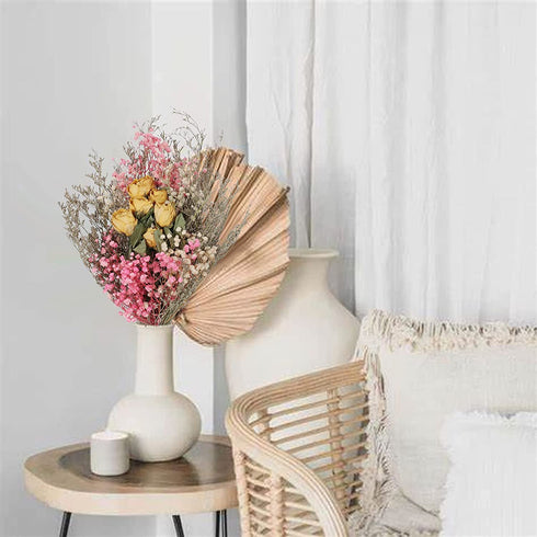 XYXCMOR Natural Dried Flowers Bouquet Dried Eucalyptus Leaves Real Yellow Rose Babys Breath Dried Flowers for Home Table Vase Wedding Floral Arrangements Garden Boho Decor