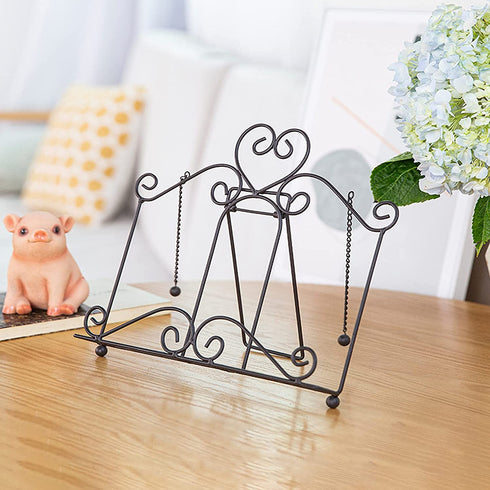 MEGREZ Desk Book Stand, Foldable Metal Recipe Holder, Kitchen Book Stand with 2 Weighted Chains to Fix Pages, Reading Book Rest Holder for Cookbook Music Document Textbook, Black