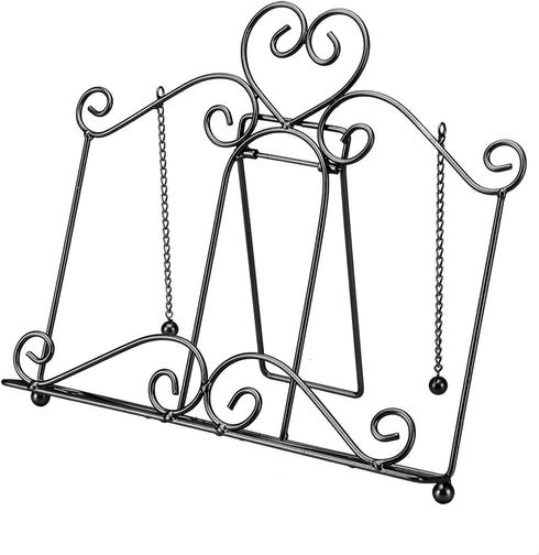 MEGREZ Desk Book Stand, Foldable Metal Recipe Holder, Kitchen Book Stand with 2 Weighted Chains to Fix Pages, Reading Book Rest Holder for Cookbook Music Document Textbook, Black