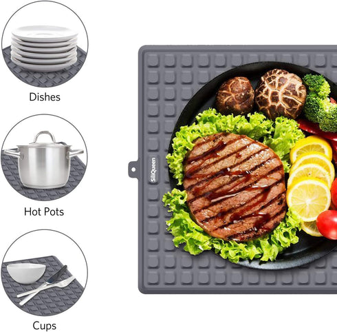 SiliQueen Silicone Drying Mat - 16 x 12 inches Toxic Free Dish Drying Mat for Kitchen, Countertop Mat, Dish Draining Mat, Sink Mat (Dark Grey)