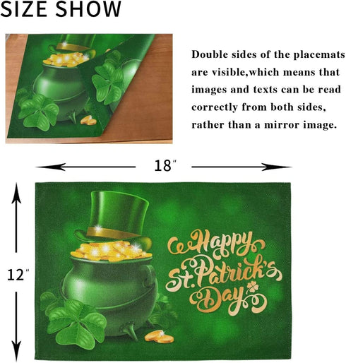Wamika St Patricks Day Clover Placemats Set of 4 Gold Coins Pot Shamrock Table Mats Burlap Placemat Washable Non-Slip Heat Resistant Place Mats for Party Kitchen Dining Decorations 12 X 18 in