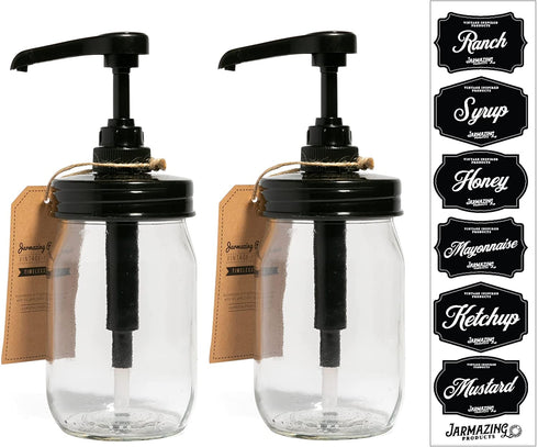 Jarmazing Products Mason Jar Syrup Dispenser - Set of 2 16 oz Smooth Jars with Rust-Proof, Leak-Proof, Food Grade Pumps for Honey, Syrups, Condiments, Salad Dressings and More
