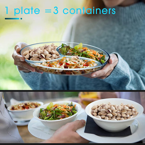 NUTRIUPS Glass Divided Plate Round Compartment Plate Glass Compartment Plates Divided Plate for Lunch Plates with Dividers Round Portion Plates, 9 In