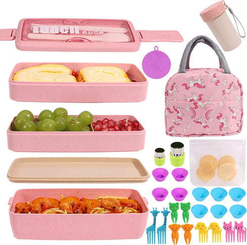 Bento Box Japanese Lunch Box Set (29 PCS) for Kids & Adults, 3 Layer Stackable Leakproof BPA Free Bento Boxes Kit with Snack Bag, Lunch Bag, Cake Cups, Fruit Forks, Utensils, Meal Prep Containers