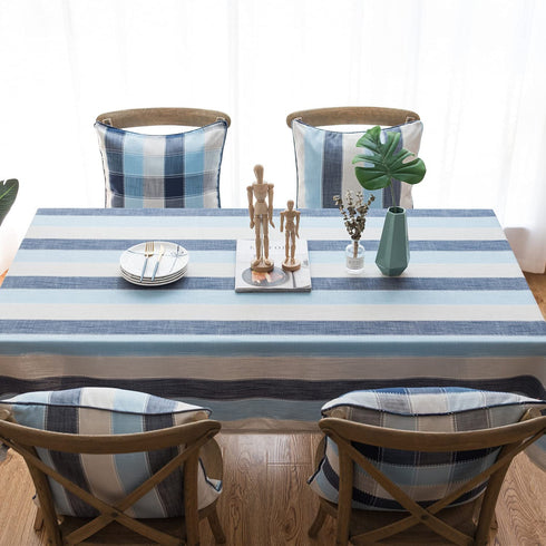 Cotton Linen Stitching Tassel Tablecloth Striped Three-Colour Square Table Cover for Kitchen Dining Tabletop Decoration, Blue, 53 x 53 Inch