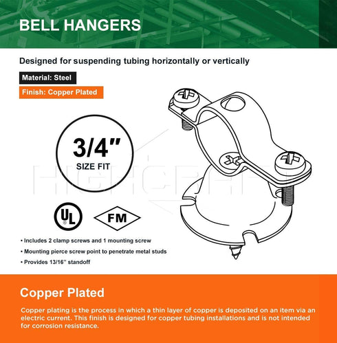HIGHCRAFT ICF-DQ34-10 Bell Hanger Copper Coated Steel for 3/4'' Pipe (10PK), 10 Pack