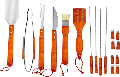 Home-Complete HC-1001 Wood BBQ Grill Tool Set-18 Pc Stainless Steel Barbecue Accessories with Wooden Handles and Case, Spatula, Tongs, Skewers