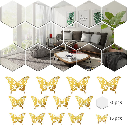 30pcs Removable Large Size Acrylic Hexagon Mirror Wall Stickers,Self-Adhesive Tiles, 3D Hexagonal, Non-Glass, add 3D gold Butterfly Stickers Decals 12pc for Home Bedroom Living Room reunion Decor(6.88 x 6.02 x 3.54 inchs?
