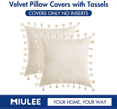MIULEE Pack of 2 Velvet Soft Solid Decorative Throw Pillow Cover with Tassels Fringe Boho Accent Cushion Case for Couch Sofa Bed 20 x 20 Inch Cream White