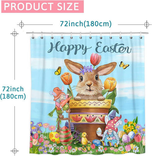 Easter Shower Curtain, Happy Easter Bunny Shower Curtains for Bathroom, Easter Eggs with Tulip Flowers and Gnomes Holiday Cloth Shower Curtain in Bath with 12 Rings, Spring Home Decorations 72x72
