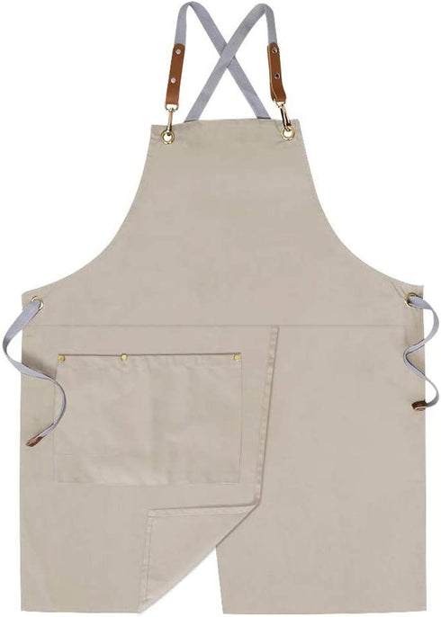 Crossback Apron with Pockets x2,Split Apron with Adjustable Straps,M-XXL (Beige)