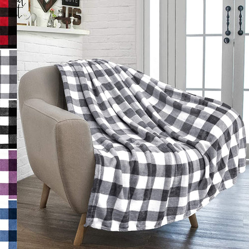 PAVILIA Buffalo Plaid Throw Blanket for Sofa Couch | Soft Flannel Fleece Grey White Checker Plaid Pattern Decorative Throw | Warm Cozy Lightweight Microfiber | 50 x 60 Inches