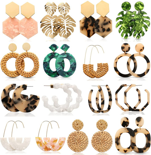 LANTAI 16 Pairs Behemian Acrylic Earrings Rattan Earrings Resin Earrings for Women Girls Leaf Dangle Earrings Mottled Hoop Earrings Gifts Jewelry