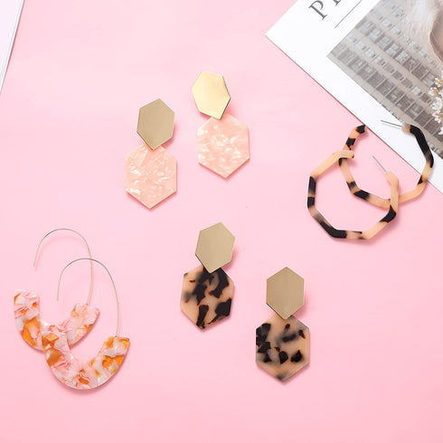 LANTAI 16 Pairs Behemian Acrylic Earrings Rattan Earrings Resin Earrings for Women Girls Leaf Dangle Earrings Mottled Hoop Earrings Gifts Jewelry