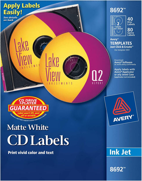 Avery CD Labels, Matte White, 40 Disc Labels and 80 Spine Labels (8692),4.5/8 Inches