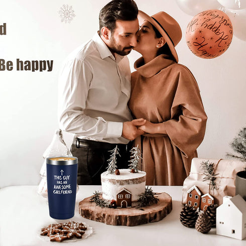Qtencas Valentine's Day Gifts for Boyfriend Travel Tumbler, This Guy Has an Awesome Girlfriend Stainless Steel Insulated Tumbler with Lid, Boyfriend Men Birthday Gifts Tumbler(Navy Blue, 20oz)