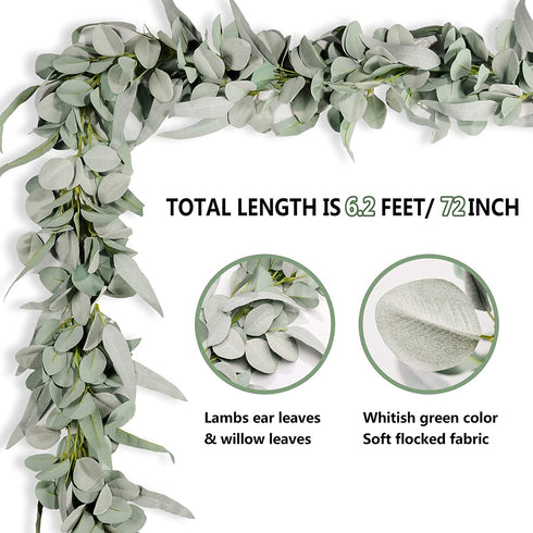 Miracliy Eucalyptus Garland, 6.2ft Artificial Lambs Ear Greenery Vine with Willow Leaves for Wedding Backdrop Table Runner Mantle Party Home Decor