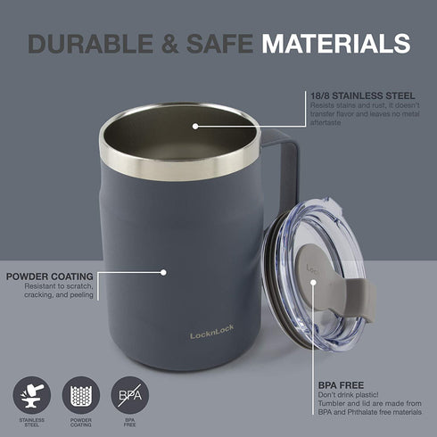 LocknLock Stainless Steel Double Wall Insulated with Handle, Lid, 16 oz, Navy Metro Mug