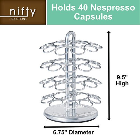 Nifty Nespresso Capsule Carousel 40 Coffee Pod Storage Holder, Spins 360-Degrees, Lazy Susan Platform, Modern Chrome Design, Home or Office Kitchen Counter Organizer