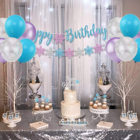 Snowflake Birthday Party Decorations with Happy Birthday Snowflake Banner, Cake Toppers, Purple Blue White Snowflake Balloons for Frozen Birthday Party Supplies Winter Wonderland Baby Shower