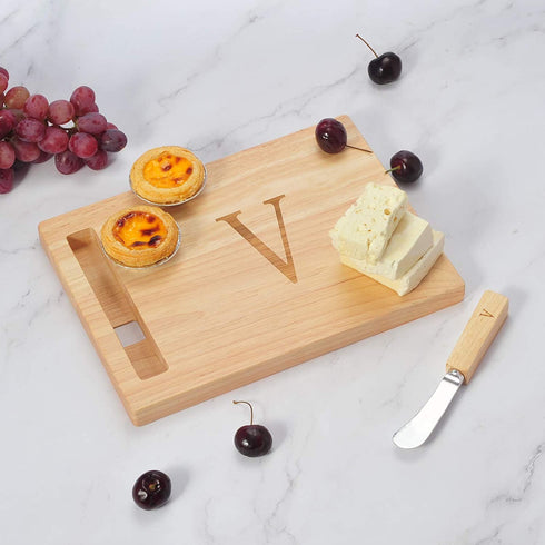 Monogram Oak Wood Cheese Board With Spreader,V-Initial (V)