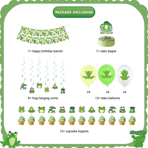 Frog Party Supplies, Cute Cartoon Frog Theme Birthday Decorations with Happy Birthday Banner, Cake Toppers, Balloons, Hanging Swirls for Boys Girls 1st Baby Shower Frog Themed Party Supplies Decor
