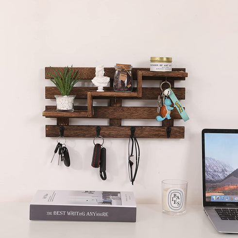 Efonow Wood Wall-Mounted 3-Tiered Stair Shelf with 6 Key Hooks and A Floating Shelf Rustic Home Decor for Entryway Carbonized Black