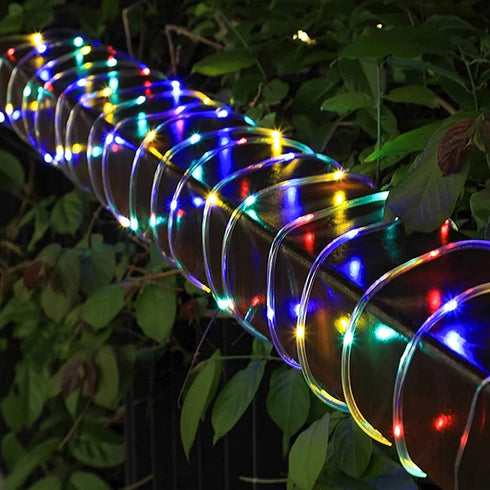 JMEXSUSS 2 Pack 100 LED Solar Rope Lights,33ft 8 Modes Solar Rope Lights Outdoor Waterproof LED Solar Powered Rope Tube for Trampoline Fence,Gazebo,Yard,Walkway,Path(Multi Color)