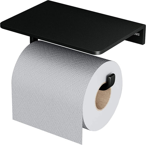 UDENIS Toilet Paper Roll Holder with Phone Shelf Wall Mounted for Bathroom Washroom Hotel Black Sturdy Anti-Rust Aluminum Brushed Finish with Stuff Shelf Tissue Organizer