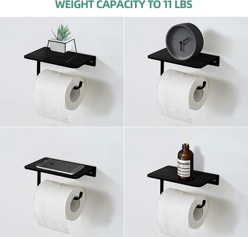 UDENIS Toilet Paper Roll Holder with Phone Shelf Wall Mounted for Bathroom Washroom Hotel Black Sturdy Anti-Rust Aluminum Brushed Finish with Stuff Shelf Tissue Organizer