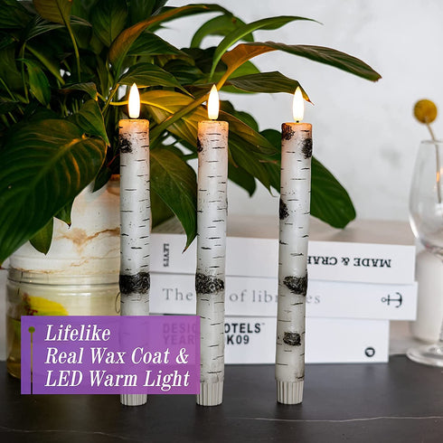 Homemory 3 Pcs Birch LED Taper Candles with Timer, Real Wax Battery Operated Window Candles with Remote, 9.6 Inches Flameless Flickering Candlesticks for Fireplace Christmas Halloween Wedding