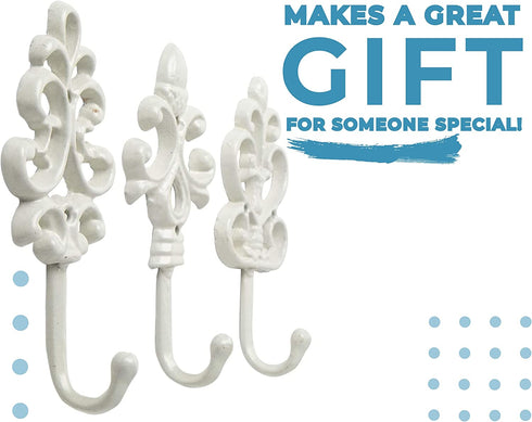 Shabby Chic Cast Iron Decorative Wall Mounted Hooks - White - Antique - French Country Charm - Large Decorative Hanging Hooks - Set of 3 - Screws and Anchors for Mounting Included - Comfify