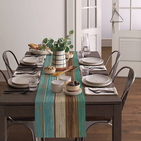 Beauty Decor Rustic Wood Theme Burlap Table Runner for Dinner Linen Table Runners 18 x 72 inch Blue Wooden Plank Farmhouse Tablerunner for Indoor Outdoor Events,Wedding Decorations, Everyday Use