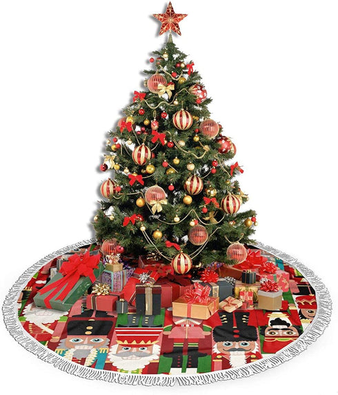 FREEHOTU Christmas Time Nutcracker Sweet Christmas Tree Skirt Gorgeous Edge Tassel Lace for 36" Xmas Ornaments Decoration