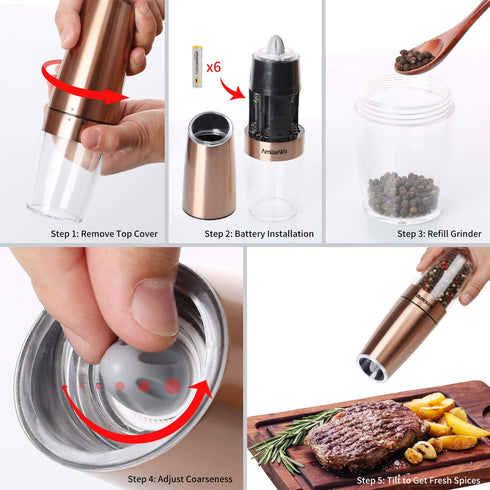 Gravity Electric Pepper Grinder or Salt Grinder Mill?White Light?- Battery Operated Automatic Pepper Mill with Light, Adjustable Coarseness, One Handed Operation, Cleaning Brush, Copper by AmuseWit