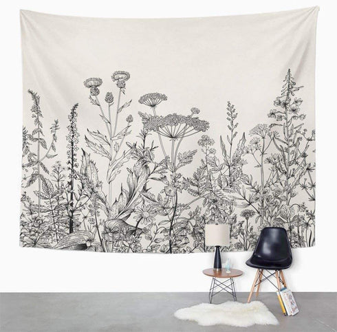 Emvency Tapestry Floral Border Herbs and Wild Flowers Botanical Engraving Style Black and White Home Decor Wall Hanging 60" x 80" Inches Print for Living Room Bedroom Dorm