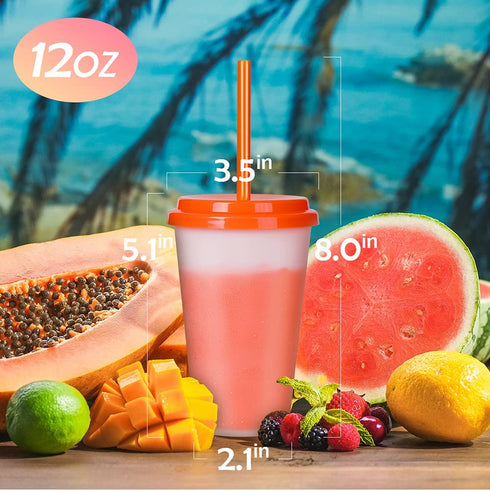 12oz Plastic Kids Cups with Lids & Straws - 7 Pack Reusable Color Changing Cups Adults Drinking Cup | Bulk Tumblers with Straw for Party Ice Coffee Smoothie Juice