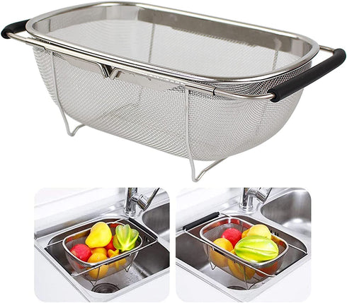 AJIODA Over The Sink Colander, 4 Quarts Stainless Steel Oval Colander with Expandable Rubber Grip Handles, Fine Mesh Strainer Baskets Kitchen Colander for Strain, Drain, Rinse Vegetables, Fruits