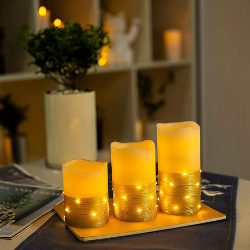 Flickering LED Candle Set with Daily Timer,BeMoment Flameless Candles,Embedded String Lights Stay Lit,Golden Stripes Decorative,Real Wax,Battery Powered,Set of 3(H 4"5"6" x D3")