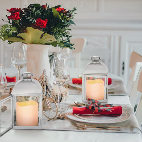 Silver Decorative Lantern, Set of 2 - LED Flameless Candles, 8 Inch, Battery Operated, 6 Hour Timer, Winter Wedding Centerpiece / Ramadan Home Decor