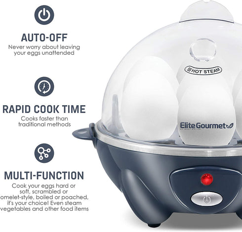 Elite Gourmet EGC007BG Rapid Egg Cooker, 7 Easy-To-Peel, Hard, Medium, Soft Boiled Eggs, Poacher, Omelet Maker, Auto Shut-Off, Alarm, 16-Recipe Booklet, BPA-Free, Slate Blue