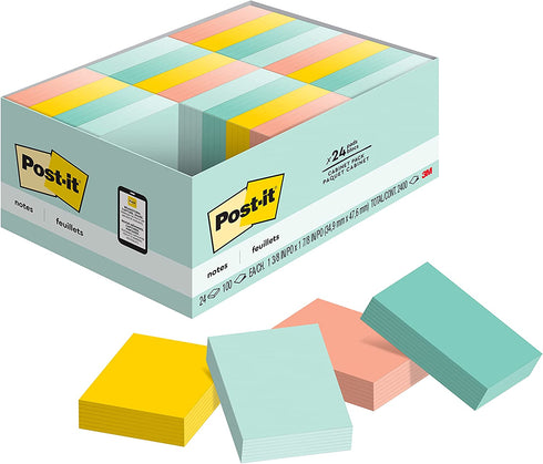 Post-it Notes, 1.5x2 in, 24 Pads, America's #1 Favorite Sticky Notes, Beachside Café Collection, Pastel Colors, Clean Removal, Recyclable (654-14AU)